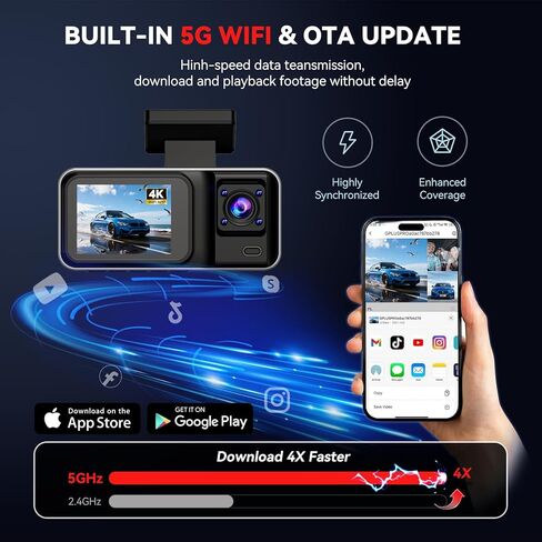 كاميرا داش كام 4K مع 5 جيجاهرتز واي فاي والتحكم في التطبيق، 4K+1080P+1440P داش كام أمامية وخلفية من الداخل مع بطاقة 64 جيجابايت، كاميرا داش للسيارات ذات الرؤية الليلية، تسجيل حلقة، وضع ركن السيارة 24 ساعة، مستشعر G in Kuwait