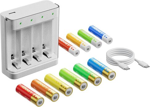 شاحن بطارية ليثيوم AA AAA بأربعة فتحات، بطاريات AA وAAA قابلة لإعادة الشحن مع شاحن للسفر، شحن سريع 2X (4 خلايا في 3 ساعات)، مصابيح LED فردية، أمان ذكي in Kuwait