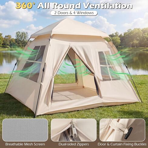 Goplus 4 Person Camping Tent, Portable Automatic Easy Setup Cabin Tent with Rainfly, Mesh Windows, 2 Doors & Carrying Bag, Lightweight Outdoor Sun Shelter for Hiking Traveling Picnic in Saudi Arabia