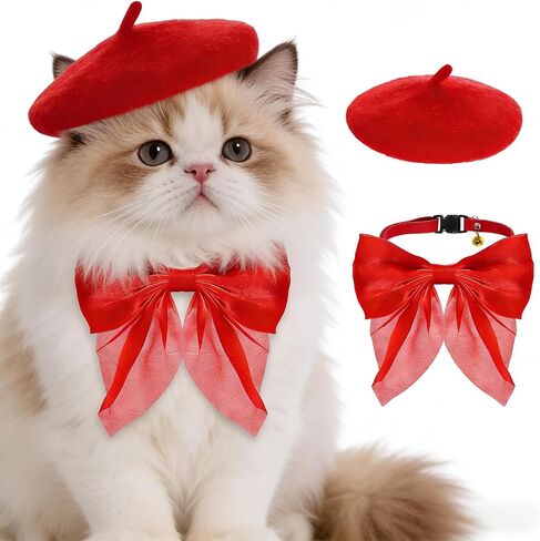 Dog Beret with Cute Bow Collar for Small Dog Cat Funny Artist Dog Hat for Halloween Christmas Birthday Photo Prop Costume (Red) in Saudi Arabia