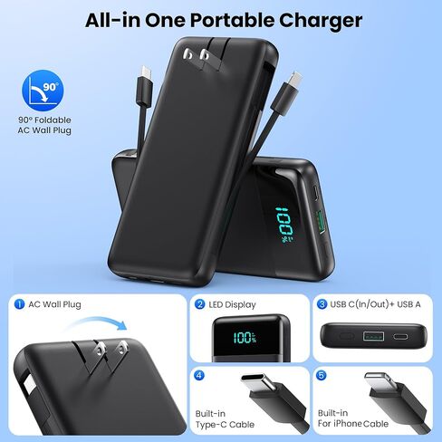 Portable Charger for iPhone,13800mAh Slim Power Bank with Built-in Cables & AC Wall Plug,All in One 4 Outputs USB C Fast Charging Battery Pack Powerbank for iPhone 17/16/15/14,Android,Travel Essential in Saudi Arabia