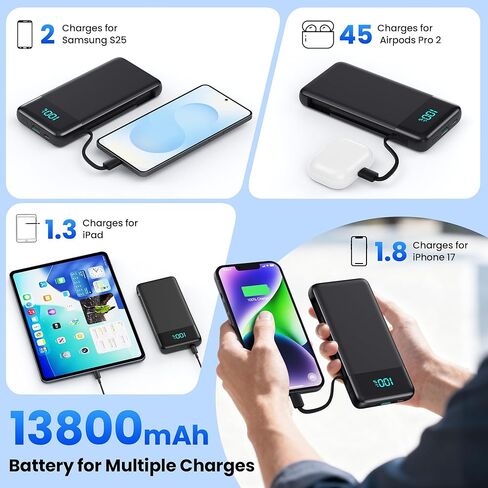 Portable Charger for iPhone,13800mAh Slim Power Bank with Built-in Cables & AC Wall Plug,All in One 4 Outputs USB C Fast Charging Battery Pack Powerbank for iPhone 17/16/15/14,Android,Travel Essential in Saudi Arabia