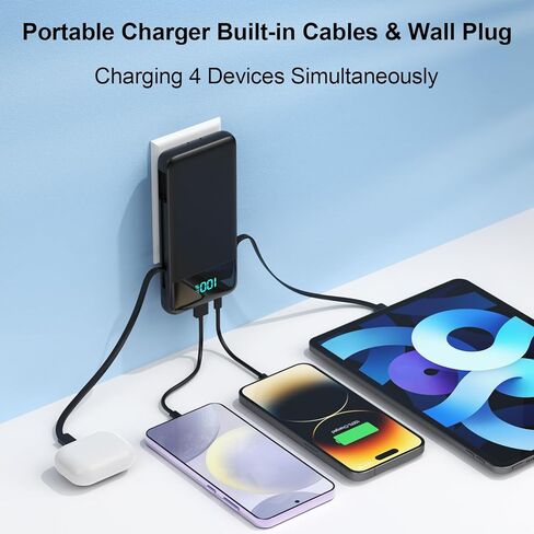 Portable Charger for iPhone,13800mAh Slim Power Bank with Built-in Cables & AC Wall Plug,All in One 4 Outputs USB C Fast Charging Battery Pack Powerbank for iPhone 17/16/15/14,Android,Travel Essential in Saudi Arabia