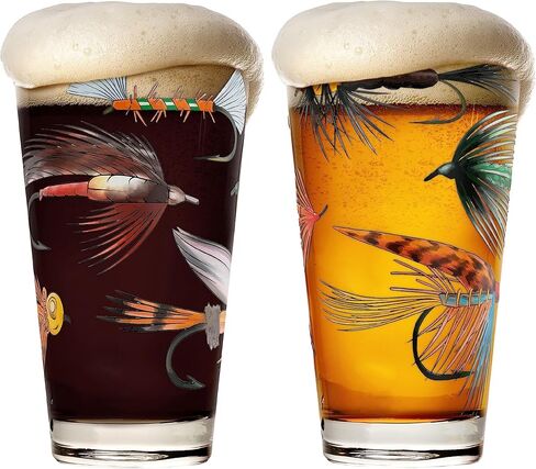 Greenline Goods – Fly Fishing Glass Set for Fisherman and Outdoorsman – Fly Lure Themed 16 oz Drinking Glass Set of 2 in Saudi Arabia