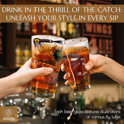 Greenline Goods – Fly Fishing Glass Set for Fisherman and Outdoorsman – Fly Lure Themed 16 oz Drinking Glass Set of 2 in Saudi Arabia