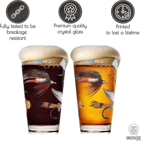 Greenline Goods – Fly Fishing Glass Set for Fisherman and Outdoorsman – Fly Lure Themed 16 oz Drinking Glass Set of 2 in Saudi Arabia