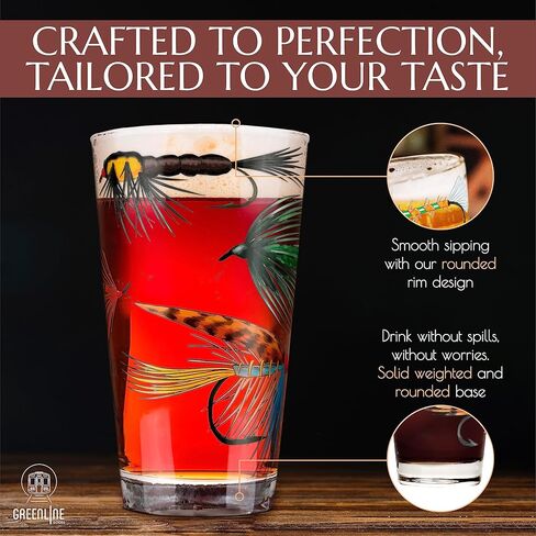 Greenline Goods – Fly Fishing Glass Set for Fisherman and Outdoorsman – Fly Lure Themed 16 oz Drinking Glass Set of 2 in Saudi Arabia
