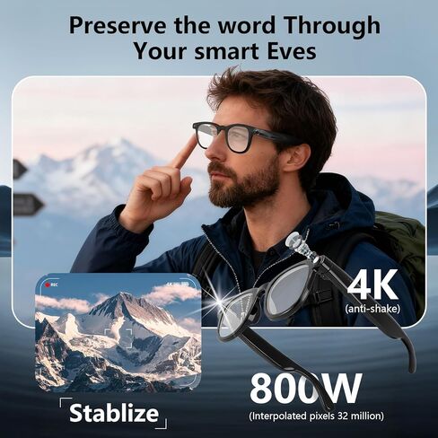 نظارات الذكاء الاصطناعي الذكية كاميرا 4K عالية الدقة، مكالمات BT، نظارات كاميرا مضادة للاهتزاز بقدرة 800 واط مع ميكروفون مزدوج لتسجيل الفيديو، ترجمة ChatGPT، التحكم الصوتي، التعرف على الأشياء، نظارات ذكية للرجال والنساء. (نظارات الذكاء الاصطناعي) in Saudi Arabia