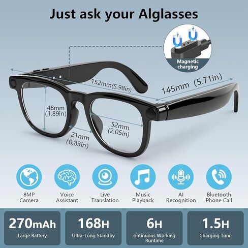 نظارات الذكاء الاصطناعي الذكية كاميرا 4K عالية الدقة، مكالمات BT، نظارات كاميرا مضادة للاهتزاز بقدرة 800 واط مع ميكروفون مزدوج لتسجيل الفيديو، ترجمة ChatGPT، التحكم الصوتي، التعرف على الأشياء، نظارات ذكية للرجال والنساء. (نظارات الذكاء الاصطناعي) in Saudi Arabia