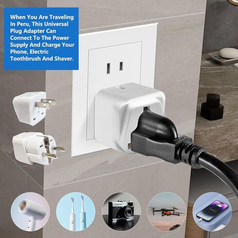 Peru Travel Adapter Plug 2-Pack - USA to South America Power Adapter Type A & E (White) - Dual Flat/Round Pins, 13A 250V Compact Design for Peru in Saudi Arabia