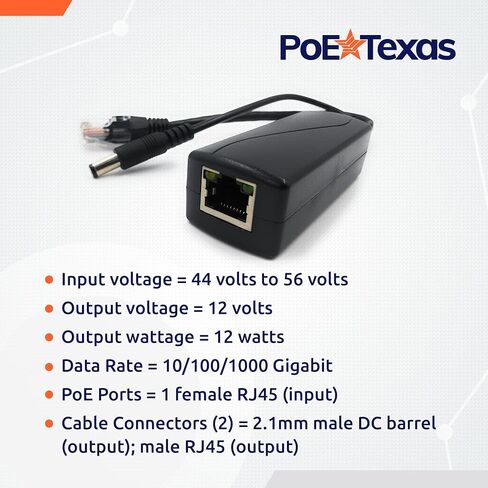 PoE Texas IEEE 802.3af 12v Splitter وPoe Texas PoE Injector - منفذ واحد للطاقة عبر محول PoE السلبي عبر إيثرنت (طاقة متكاملة PoE مصنفة من UL) in Kuwait
