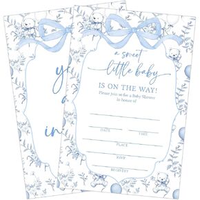 Blue Bow Bear Baby Shower Invitations, A Sweet Little Baby Is On the Way, 25 Sets Shower Invites with Envelopes, Diaper Raffle Tickets & Books for Baby Cards, Blue Toile Party Decorations-A06 in Saudi Arabia