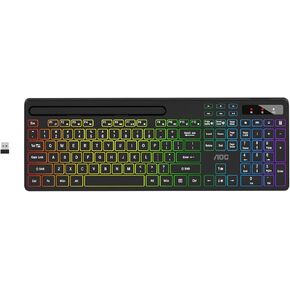 لوحة مفاتيح لاسلكية AOC KB600 مع إضاءة خلفية RGB بـ 7 ألوان، لوحة مفاتيح كمبيوتر كاملة الحجم 2.4 جيجا هرتز مع حامل الهاتف اللوحي، لوحة الأرقام، 22 مفتاح تشغيل سريع للوسائط المتعددة، قابلة لإعادة الشحن لأجهزة Mac وWindows in Kuwait