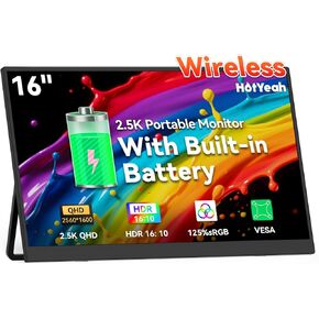 شاشة محمولة لاسلكية مقاس 16 بوصة 2.5K تعمل بالبطارية، تدعم AirPlay Miracast، شاشة خارجية 2560×1600P IPS USB-C HDMI، شاشة ثانية لأجهزة الكمبيوتر المحمول MacBook PC والكمبيوتر اللوحي، مع بطارية مدمجة (4 - 5 ساعات) in Kuwait