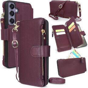 Lacass Crossbody Wallet Case for Galaxy S24+ Plus,[Cards Theft Scan Protection] Card Holder Zipper Flip Leather Cover Wrist Strap Stand for Samsung Galaxy S24+ Plus(Wine Red) in Kuwait