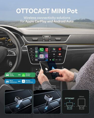 OTTOCAST Mini 3.0 (Pot) 2025 Wireless CarPlay & Android Auto 2 في 1 محول، التوصيل والتشغيل، 5 جيجا هرتز WiFi، اتصال تلقائي لأجهزة iPhone وAndroid، يناسب 98%+ OEM من سيارات CarPlay السلكية in Kuwait