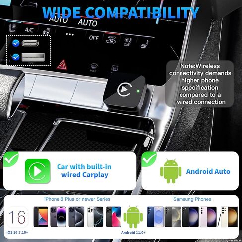 2 in 1 Wireless CarPlay and Android Auto Adapter for iPhone, Plug&Play Mini USB/USB C Car Play Adapter Fast and Stable Connection,No Delay Convert Wired to Wireless CarPlay for iPhone 8+/Android 11.0+ in Saudi Arabia