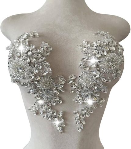 Handmade Shining Rhinestones lace Applique Patches Sewing Beads Sequins Stone Trim Accessories for Wedding Dress 1 Pair/Bag 11X4.3inches (Silver) in Kuwait