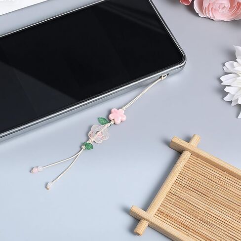 Cute Flower Phone Charm Pink Y2K Ceramic Floral Phone Charm Beaded Leaf Handmade Decor Camera Bag Pendants Accessories for Women in Saudi Arabia