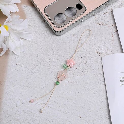 Cute Flower Phone Charm Pink Y2K Ceramic Floral Phone Charm Beaded Leaf Handmade Decor Camera Bag Pendants Accessories for Women in Saudi Arabia