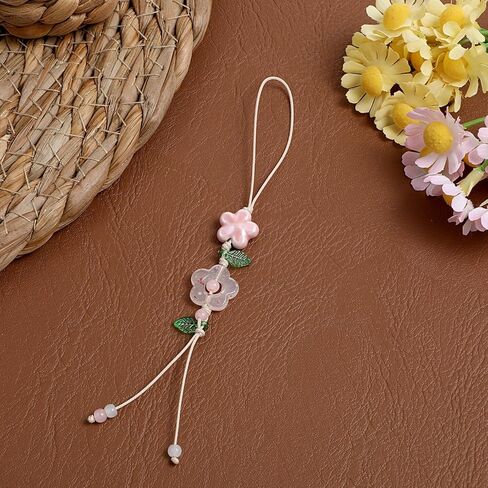 Cute Flower Phone Charm Pink Y2K Ceramic Floral Phone Charm Beaded Leaf Handmade Decor Camera Bag Pendants Accessories for Women in Saudi Arabia