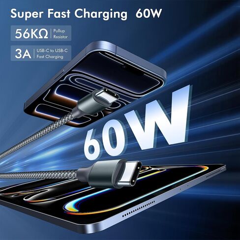 كابل APFEN USB C إلى USB C، كابل شحن سريع من النوع C 60 وات (6أقدام، عبوتان) لسلسلة iPhone 17 16 15، وSamsung Galaxy S25 S24 S23، لجهاز MacBook/iPad، وPixel in Kuwait