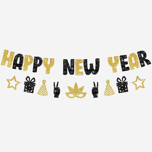 KatchOn, Glitter Happy New Year Banner Black - 10 Feet, Pre - Strung | New Years Banner for New Years Eve Party Supplies 2026 | Happy New Year Decorations | NYE Decorations 2026, Nye Party Supplies in Saudi Arabia