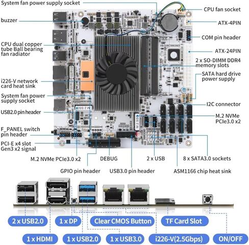 i5-8265U NAS Mini ITX اللوحة الأم 8 Bay SATA 3.0، اللوحة الرئيسية NAS مع 2xi226-V 2.5GbE LAN، 2xM.2 NVMe PCIe3.0 x2، 4K HD+DP NAS MOBO، PCI-E x4، هيكلي بدون ذاكرة وصول عشوائي ولا SSD in Kuwait