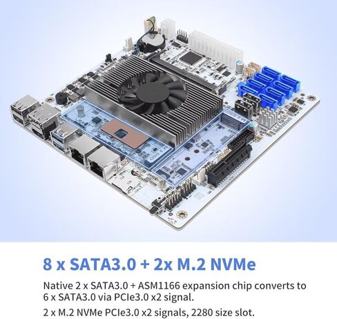 i5-8265U NAS Mini ITX اللوحة الأم 8 Bay SATA 3.0، اللوحة الرئيسية NAS مع 2xi226-V 2.5GbE LAN، 2xM.2 NVMe PCIe3.0 x2، 4K HD+DP NAS MOBO، PCI-E x4، هيكلي بدون ذاكرة وصول عشوائي ولا SSD in Kuwait