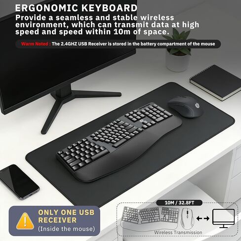 مجموعة لوحة مفاتيح وماوس لاسلكية مريحة، لوحة مفاتيح USB كاملة الحجم 2.4 جيجا هرتز مع مسند للمعصم وماوس لاسلكي قابل للتعديل بـ 3 مستويات DPI لاستخدام الكمبيوتر والكمبيوتر المحمول - أسود in Kuwait