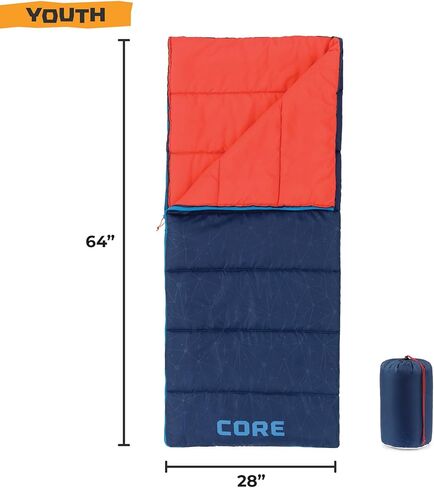 CORE 50 Degree Youth Sleeping Bag | Lightweight & Compact for Boys & Girls | Perfect for Indoor or Outdoor Use, Camping, Backpacking, Hiking, & Sleepovers | Ideal for Warm & Cooler 3 Season Weather in Saudi Arabia