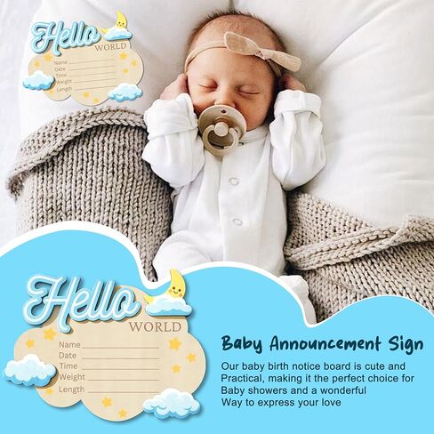 Baby Announcement Sign, 6.1 × 4.72 Inch Cloud Shape Wooden Hello World Newborn Sign, Personalized Birth Announcement Board Welcome Baby Sign for Hospital Nursery Photo Props Keepsake in Saudi Arabia