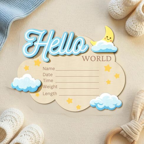Baby Announcement Sign, 6.1 × 4.72 Inch Cloud Shape Wooden Hello World Newborn Sign, Personalized Birth Announcement Board Welcome Baby Sign for Hospital Nursery Photo Props Keepsake in Saudi Arabia