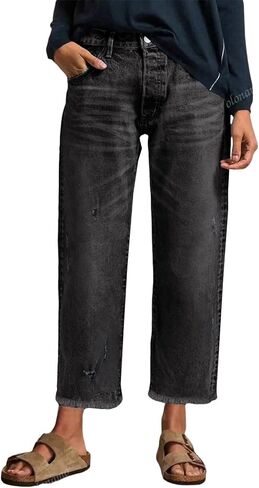 EVALESS Jeans for Women Stretchy Distressed Washed Straight Leg Frayed Raw Hem Denim Ankle Pants with Pockets in Saudi Arabia