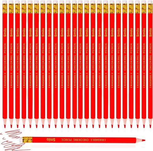 Smilo 12-Count Erasable Red Pencils with Erasers, Pre-Sharpened Triangular Barrel for Better Grip - Perfect for Checking, Grading, Correcting & Art in Kuwait