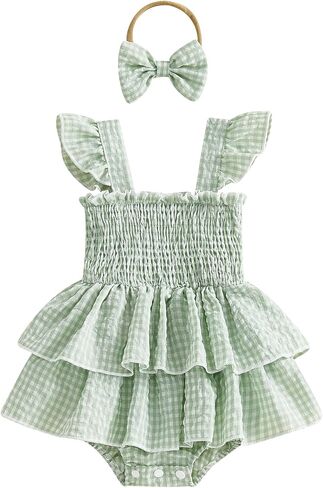 Douhoow Baby Girl Plaid Romper Flying Sleeve Ruffle Baby Dress Romper Infant Girl Summer Clothes with Headband in Saudi Arabia