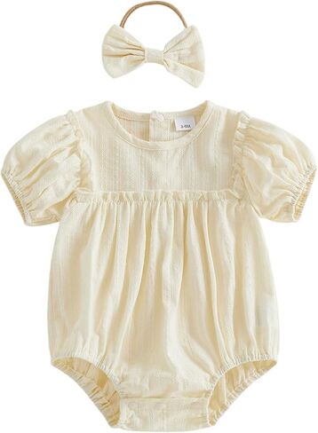 Douhoow Infant Baby Girl Summer Clothes Flying Sleeve Crew Neck Baby Girl Romper with Bow Headband in Saudi Arabia