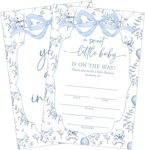 Blue Bow Bear Baby Shower Invitations, A Sweet Little Baby Is On the Way, 25 Sets Shower Invites with Envelopes, Diaper Raffle Tickets & Books for Baby Cards, Blue Toile Party Decorations-A06 in Saudi Arabia
