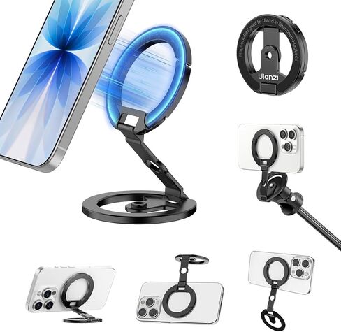 حامل بمقبض هاتف بحلقة مغناطيسية مزدوجة من ULANZI MA02، مصنوع من الألومنيوم لمسند MagSafe Gym المتوافق مع سلسلة iPhone 17-12، حامل ثلاثي للهاتف قابل للطي مع برغي 1/4 بوصة للبث المباشر لمدونة الفيديو in Kuwait