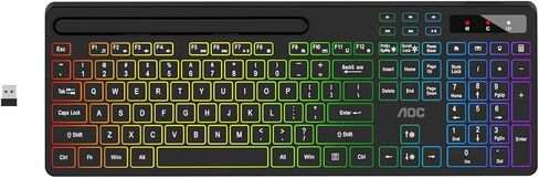 لوحة مفاتيح لاسلكية AOC KB600 مع إضاءة خلفية RGB بـ 7 ألوان، لوحة مفاتيح كمبيوتر كاملة الحجم 2.4 جيجا هرتز مع حامل الهاتف اللوحي، لوحة الأرقام، 22 مفتاح تشغيل سريع للوسائط المتعددة، قابلة لإعادة الشحن لأجهزة Mac وWindows in Kuwait