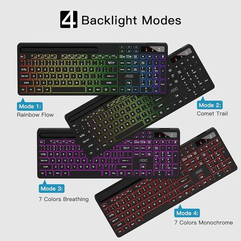 لوحة مفاتيح لاسلكية AOC KB600 مع إضاءة خلفية RGB بـ 7 ألوان، لوحة مفاتيح كمبيوتر كاملة الحجم 2.4 جيجا هرتز مع حامل الهاتف اللوحي، لوحة الأرقام، 22 مفتاح تشغيل سريع للوسائط المتعددة، قابلة لإعادة الشحن لأجهزة Mac وWindows in Kuwait