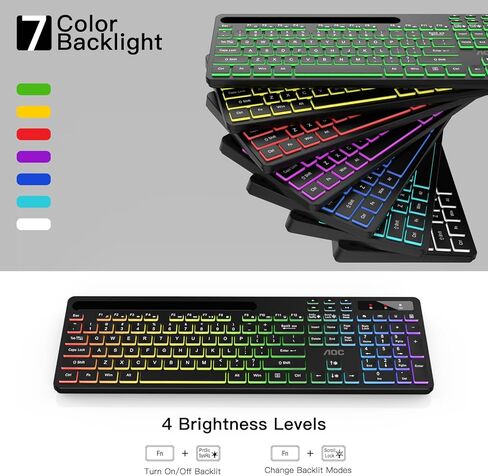 لوحة مفاتيح لاسلكية AOC KB600 مع إضاءة خلفية RGB بـ 7 ألوان، لوحة مفاتيح كمبيوتر كاملة الحجم 2.4 جيجا هرتز مع حامل الهاتف اللوحي، لوحة الأرقام، 22 مفتاح تشغيل سريع للوسائط المتعددة، قابلة لإعادة الشحن لأجهزة Mac وWindows in Kuwait