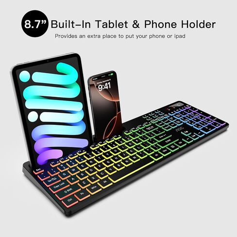 لوحة مفاتيح لاسلكية AOC KB600 مع إضاءة خلفية RGB بـ 7 ألوان، لوحة مفاتيح كمبيوتر كاملة الحجم 2.4 جيجا هرتز مع حامل الهاتف اللوحي، لوحة الأرقام، 22 مفتاح تشغيل سريع للوسائط المتعددة، قابلة لإعادة الشحن لأجهزة Mac وWindows in Kuwait