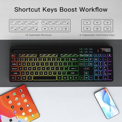 لوحة مفاتيح لاسلكية AOC KB600 مع إضاءة خلفية RGB بـ 7 ألوان، لوحة مفاتيح كمبيوتر كاملة الحجم 2.4 جيجا هرتز مع حامل الهاتف اللوحي، لوحة الأرقام، 22 مفتاح تشغيل سريع للوسائط المتعددة، قابلة لإعادة الشحن لأجهزة Mac وWindows in Kuwait