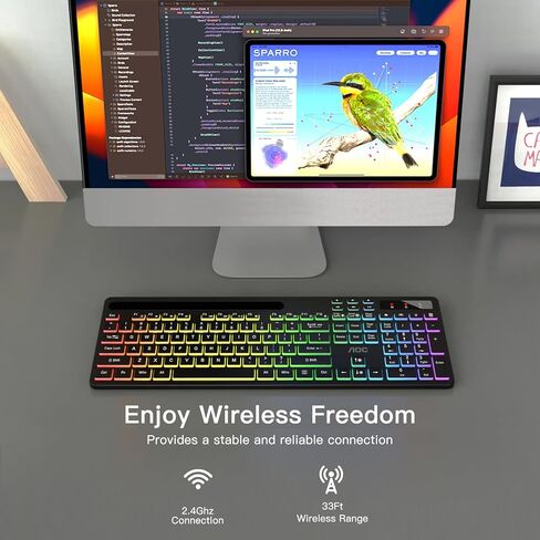 لوحة مفاتيح لاسلكية AOC KB600 مع إضاءة خلفية RGB بـ 7 ألوان، لوحة مفاتيح كمبيوتر كاملة الحجم 2.4 جيجا هرتز مع حامل الهاتف اللوحي، لوحة الأرقام، 22 مفتاح تشغيل سريع للوسائط المتعددة، قابلة لإعادة الشحن لأجهزة Mac وWindows in Kuwait