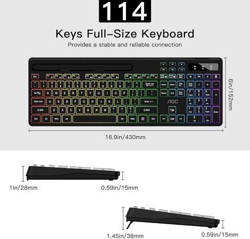 لوحة مفاتيح لاسلكية AOC KB600 مع إضاءة خلفية RGB بـ 7 ألوان، لوحة مفاتيح كمبيوتر كاملة الحجم 2.4 جيجا هرتز مع حامل الهاتف اللوحي، لوحة الأرقام، 22 مفتاح تشغيل سريع للوسائط المتعددة، قابلة لإعادة الشحن لأجهزة Mac وWindows in Kuwait