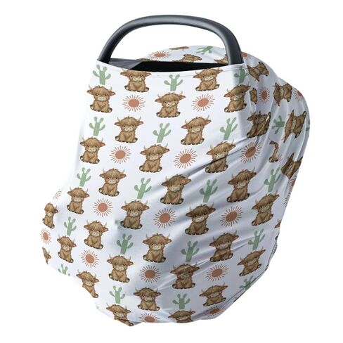 HawSkgFub Boho Highland Cow Cactus Sun 5 في 1 غطاء مقعد السيارة لهدية طفلة، بني بوهيميا الغربية الخصوصية غطاء الرضاعة الطبيعية، حامل مظلة مقعد السيارة متعدد الاستخدامات للأطفال حديثي الولادة in Saudi Arabia