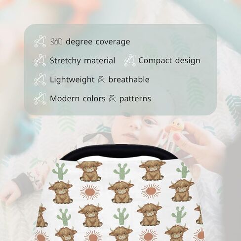 HawSkgFub Boho Highland Cow Cactus Sun 5 في 1 غطاء مقعد السيارة لهدية طفلة، بني بوهيميا الغربية الخصوصية غطاء الرضاعة الطبيعية، حامل مظلة مقعد السيارة متعدد الاستخدامات للأطفال حديثي الولادة in Saudi Arabia