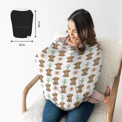 HawSkgFub Boho Highland Cow Cactus Sun 5 في 1 غطاء مقعد السيارة لهدية طفلة، بني بوهيميا الغربية الخصوصية غطاء الرضاعة الطبيعية، حامل مظلة مقعد السيارة متعدد الاستخدامات للأطفال حديثي الولادة in Saudi Arabia