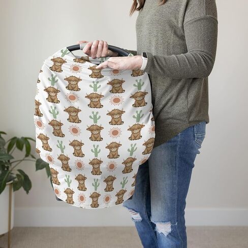 HawSkgFub Boho Highland Cow Cactus Sun 5 في 1 غطاء مقعد السيارة لهدية طفلة، بني بوهيميا الغربية الخصوصية غطاء الرضاعة الطبيعية، حامل مظلة مقعد السيارة متعدد الاستخدامات للأطفال حديثي الولادة in Saudi Arabia